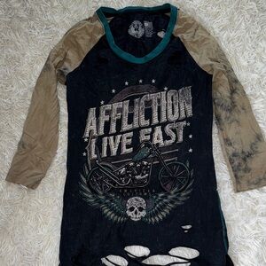 Affliction Women Distressed Black and Tan Graphic 3/4 Sleeve Tee